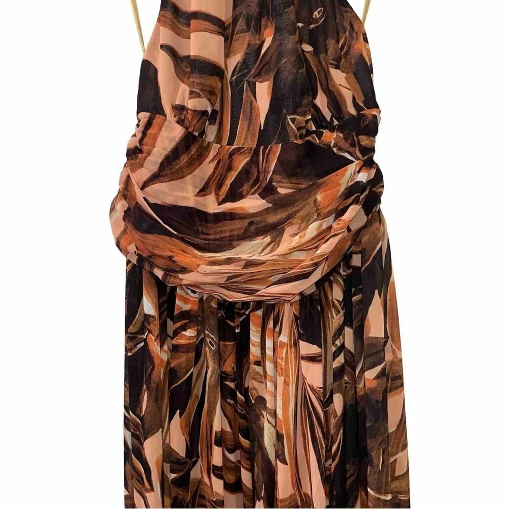Bronx & Banco Kenya Silk Halter Maxi Dress Brown Animal Print Medium NWT - Picture 7 of 15
